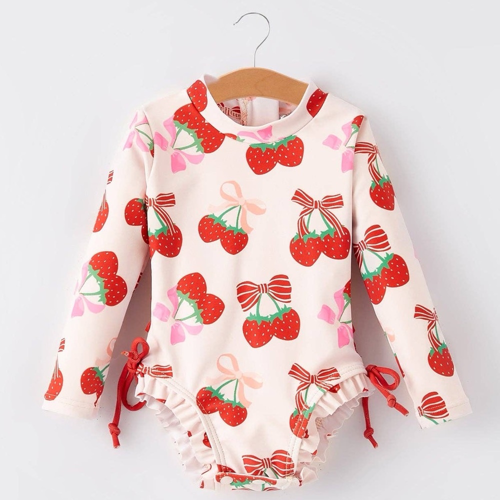 Rylee Faith Girl Cherry Bows Rash Guard  One Piece Swimsuit 6 18 24 months 3T